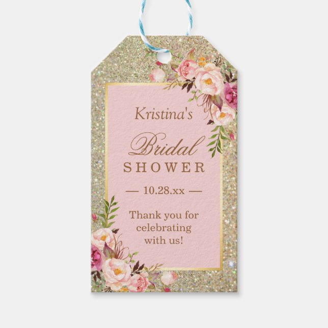 Guldglitter Rosa Blommig Bröllopsfest Tack Presentetikett (Framsidan)