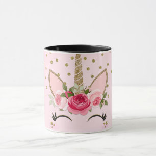 Guldglitter & Rosa Blommig Enhörning Trendig Mugg