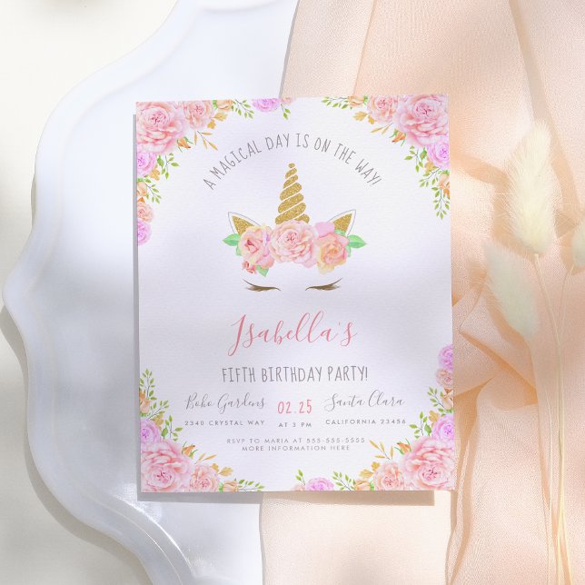 Guldglitter & rosa blommor Enhörning Födelsedagsfe Inbjudan Vykort (Skapare uppladdad)