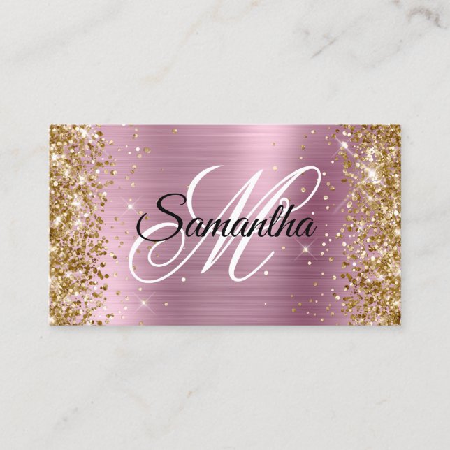 Guldglitter Rosa Folie Fancy Monogram Visitkort (Framsida)