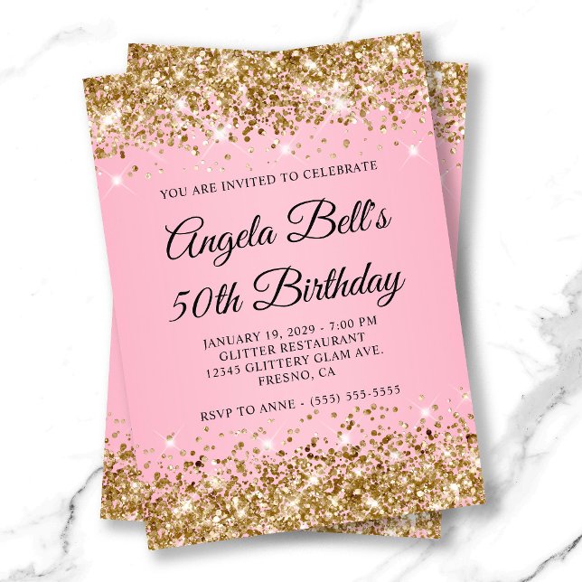 Guldglitter Rosa Lyxig Monogram 50-årsfirande Inbjudningar (Gold Glitter Pink Fancy Monogram 50th Birthday Invitation)
