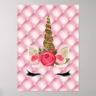 Guldglitter & Rosa Rosor Enhörning Födelsedagsfest Poster