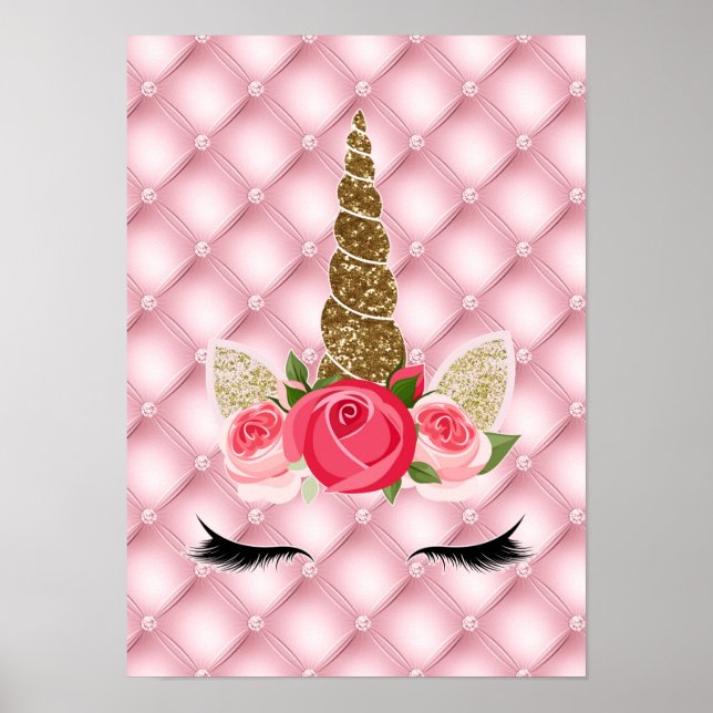Guldglitter & Rosa Rosor Enhörning Födelsedagsfest Poster (Framsidan)
