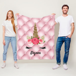 Guldglitter & rosa rosor Enhörning Tjej Trendig Fleecefilt