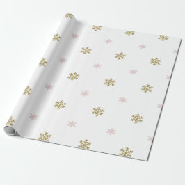 Guldglitter & rosa snöflingor på vit jul presentpapper