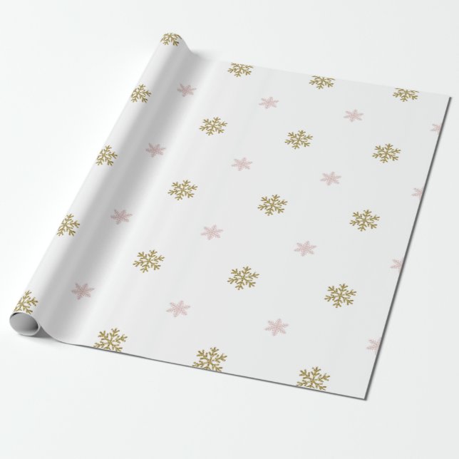 Guldglitter & rosa snöflingor på vit jul presentpapper (Utrullad)