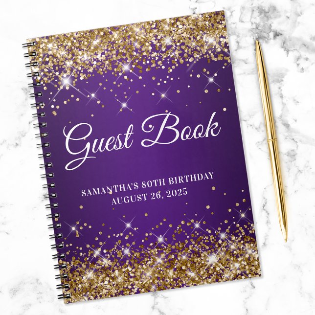 Guldglitter Royal Purple 80-årsfirande Gästbok Anteckningsbok (Skapare uppladdad)