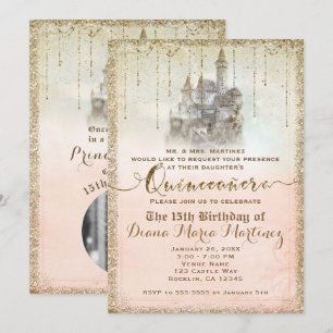 Guldglitter Sagobok Slott 15 Quinceañera Foto Inbjudningar