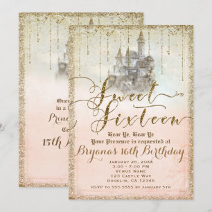 Guldglitter Sagobok Slott Sweet 16 Inbjudningar