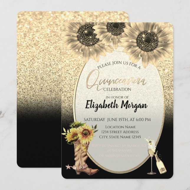 Guldglitter, solrosor, Glas Quinceanera  Inbjudningar (Fram/baksida)