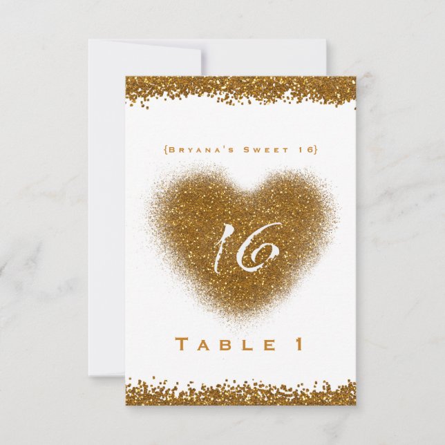 Guldglitter spill Sweet 16 hjärta bordskort (Framsida)