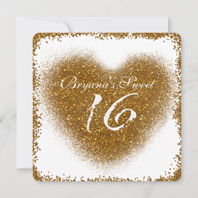 Guldglitter Spill Sweet 16 Hjärtglam Inbjudningar (Framsida)