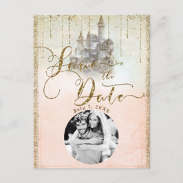 Guldglitter Storybook Slott Save the Date Foto  Meddelande Vykort