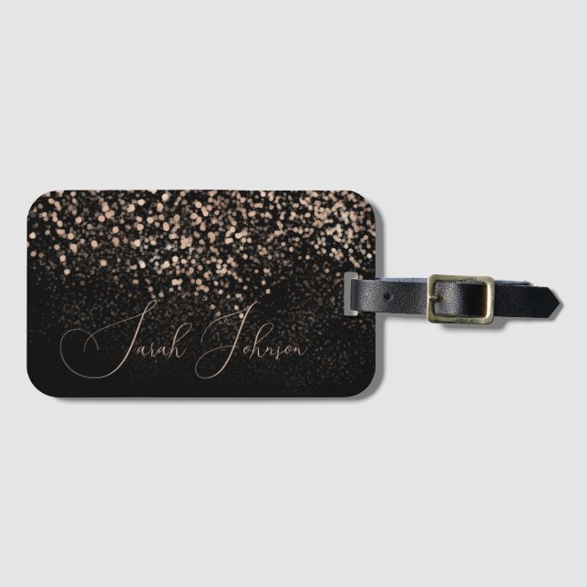 Guldglitter & Svart Namnskrift Bagagebricka (Framsida horisontal)