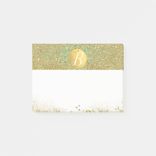 Guldglitter & Teal Aqua Glam Anpassad Monogram Post-it Block (Framsida)