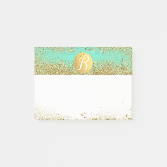 Guldglitter & Teal Aqua Glam Anpassad Monogram Post-it Block (Framsida)