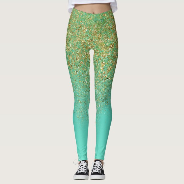 Guldglitter & Teal Aqua Glam Glitter Glänsande Leggings (Framsida)
