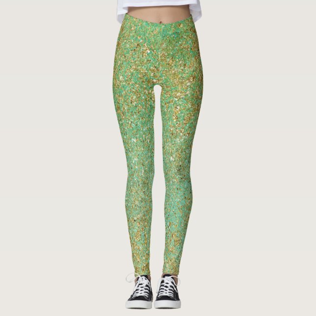Guldglitter & Teal Aqua Glam Glitter Glänsande Leggings (Framsida)