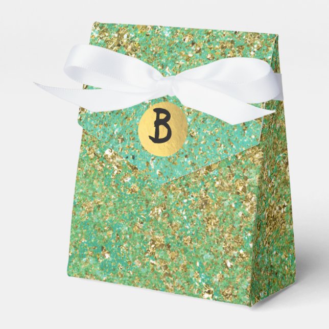 Guldglitter & Teal Aqua Glam Monogram-fest Presentaskar (Framsidan Sidan)