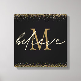 Guldglitter Tro Skript Monogram Initial Svart Canvastryck