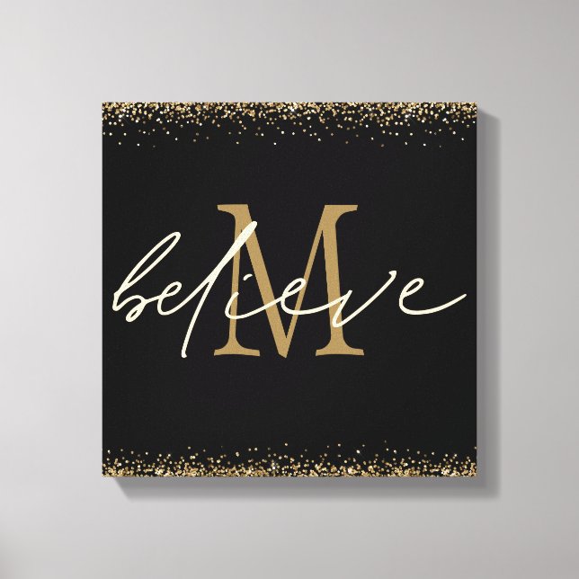 Guldglitter Tro Skript Monogram Initial Svart Canvastryck (Framsida)