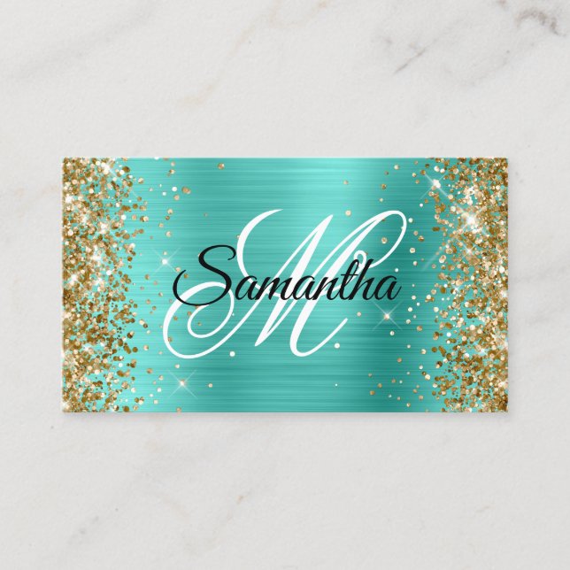 Guldglitter Turkos Folie Fancy Monogram Visitkort (Framsida)