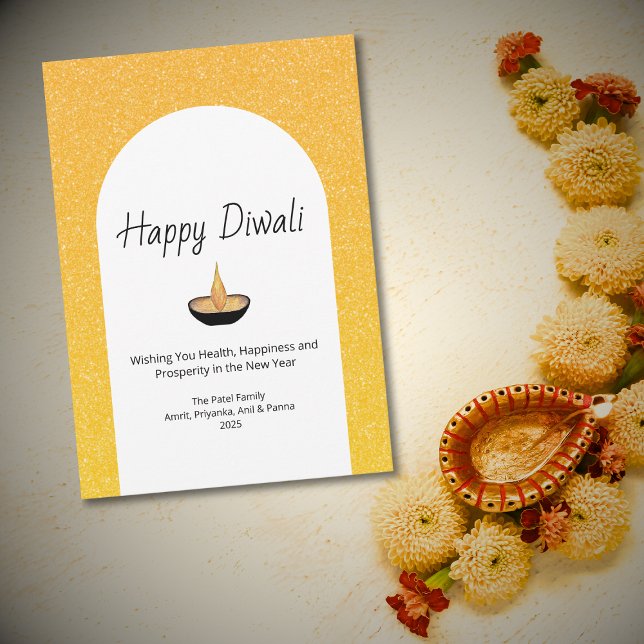 Guldglitterbåge Diya-lampa Glad Diwali-helg Julkort (Skapare uppladdad)
