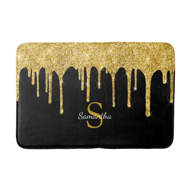 Guldglitterdropar Glänsande Svart Monogram Namn Badrumsmatta (Framsidan)
