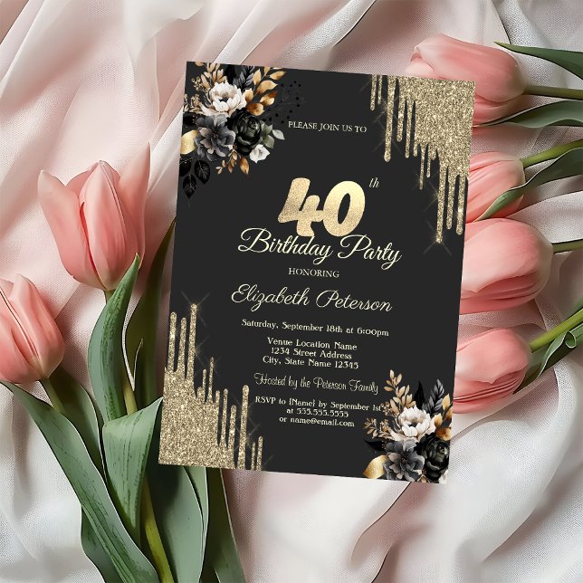 Guldglitterdropar Svarta Rosor Mörk 40-årsdag Inbjudningar (Skapare uppladdad)