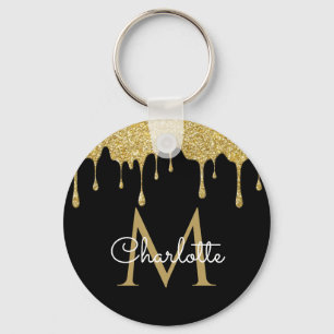 Guldglitterdroppad monogram Elegant Chic-skrift Nyckelring
