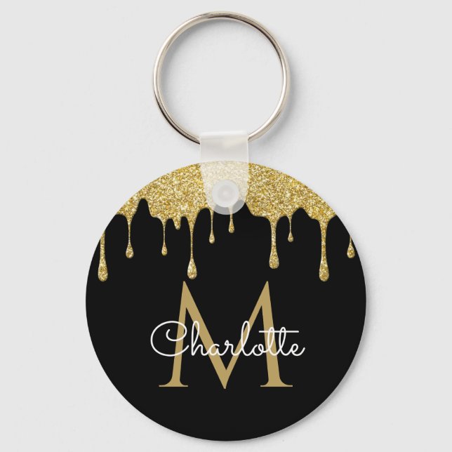 Guldglitterdroppad monogram Elegant Chic-skrift Nyckelring (Framsida)