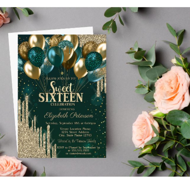 Guldglitterdroppande ballonger Gröna Sweet 16 Inbjudningar (Skapare uppladdad)