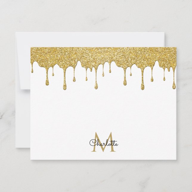 Guldglitterdroppande monogram elegant flickaktig s anteckningskort (Framsida)