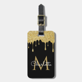 Guldglitterdroppande monogram elegant flickaktig s bagagebricka