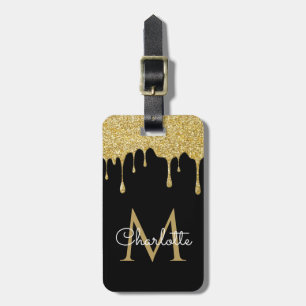Guldglitterdroppande monogram elegant flickaktig s bagagebricka