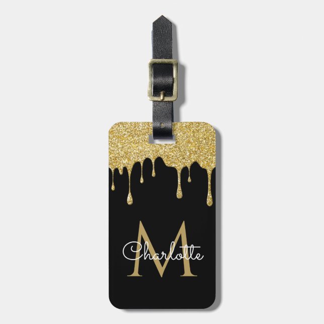Guldglitterdroppande monogram elegant flickaktig s bagagebricka (Vertikal Framsida)
