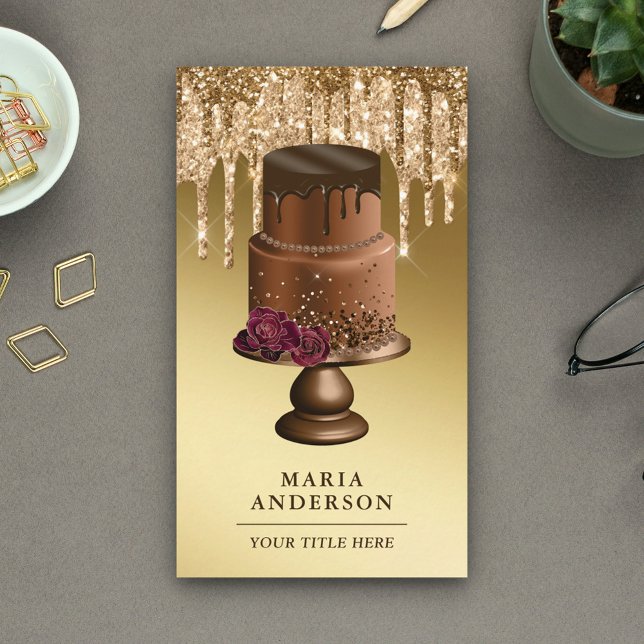 Guldglitterdroppar Anpassad chokladkakbakery Visitkort (Skapare uppladdad)