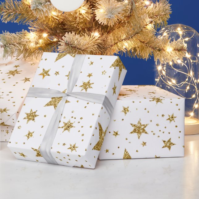 Guldglitterstjärnor, Vit Guldstjärnkonfettipresent Presentpapper (Helgdagar)