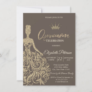 Guldglittrande klänning Brun Quinceañera Inbjudningar