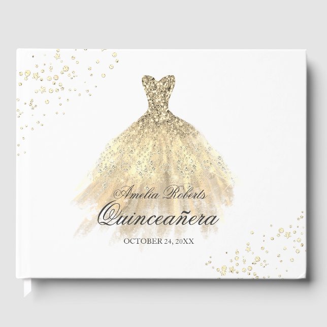 Guldglittrig klänning Quinceanera gästbok (Framsida)