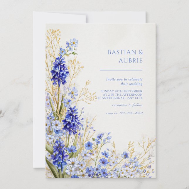 Guldgräs Blå Muscari Botanisk Spray Bröllop Inbjudningar (Framsida)