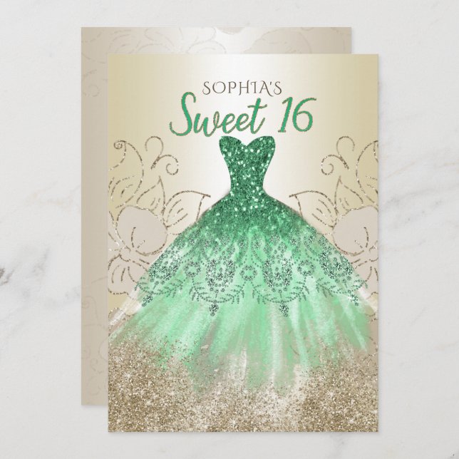 Guldgrön glitterklänning Sweet 16 födelsedag  Inbjudningar (Fram/baksida)