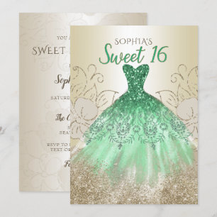 Guldgrön glitterklänning Sweet 16 födelsedag  Inbjudningar