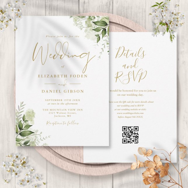 Guldgrönska Blommig QR-kod Script Bröllop Inbjudningar (Gold Greenery Floral QR Code Script Wedding Invitation)