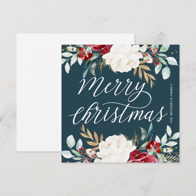 Guldgrönska och röda blommor Djupblå jul  Julkort (Fram/baksida)