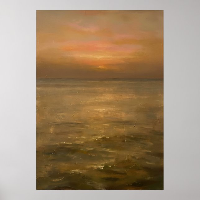 Guldgul solnedgång Lugnt hav Landskapsbild Impress Poster (Framsidan)