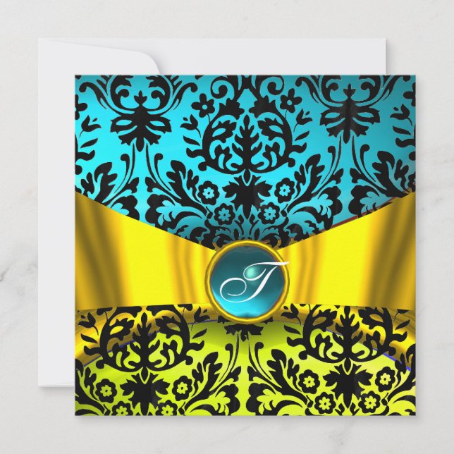 GULDGUUL BAND TEAL BLÅ SVART DAMASK MONOGRAM INBJUDNINGAR (Framsida)