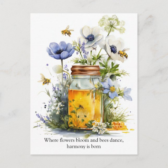 Guldharmoni Honung, blommor och bin Vykort (Framsida)