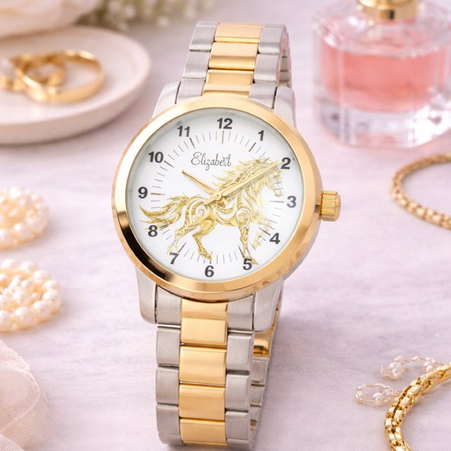 Guldhästurklocka som present till henne med elegan armbandsur (Skapare uppladdad)