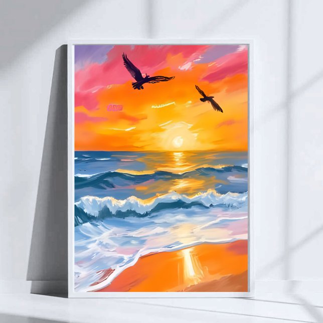 Guldhav Solnedgång Akvarell Strandmålning Poster (Skapare uppladdad)